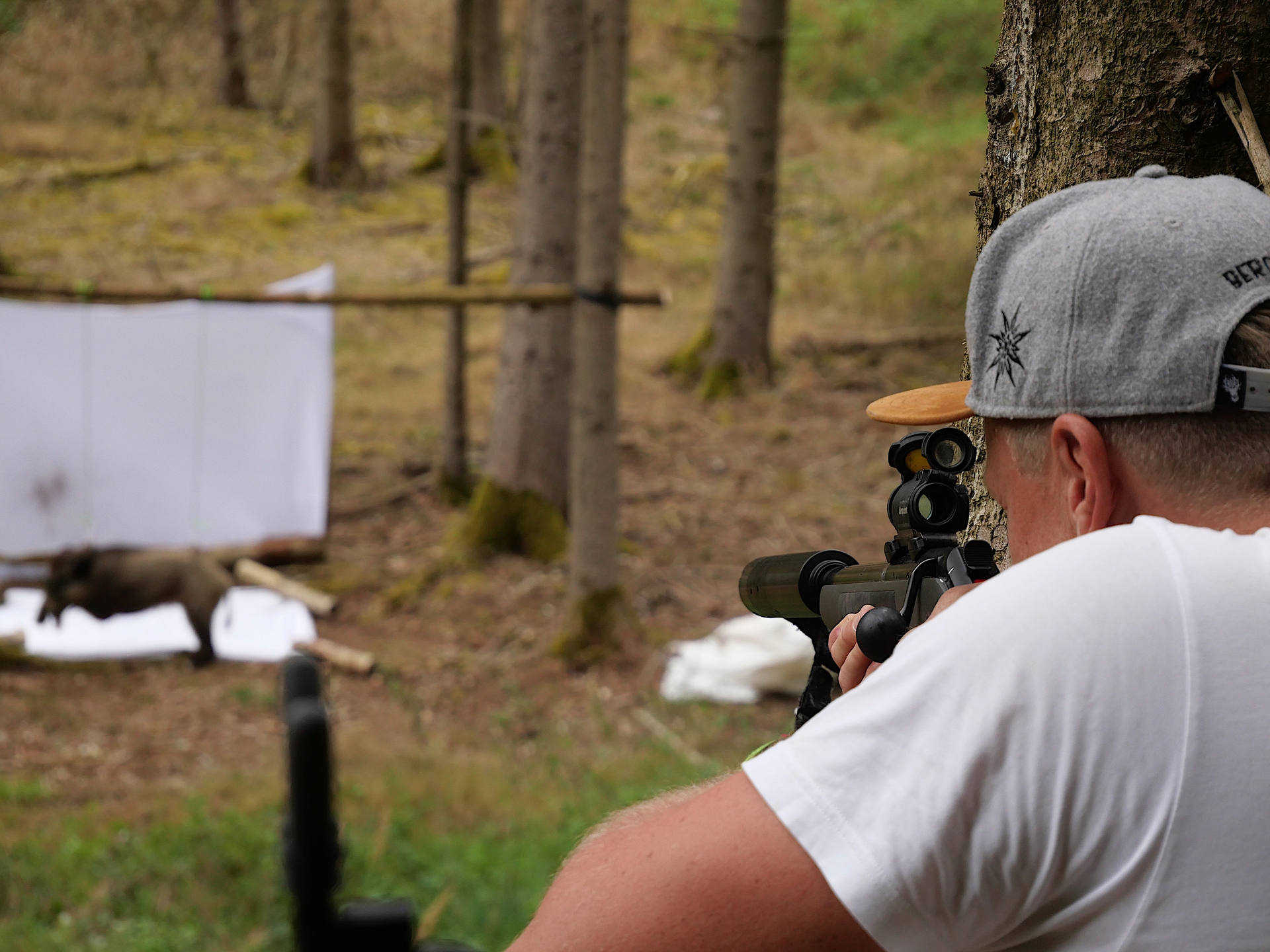 Ein Mann zielt mit einem Gewehr auf eine Zielscheibe im Wald, während ein Tier im Hintergrund liegt.